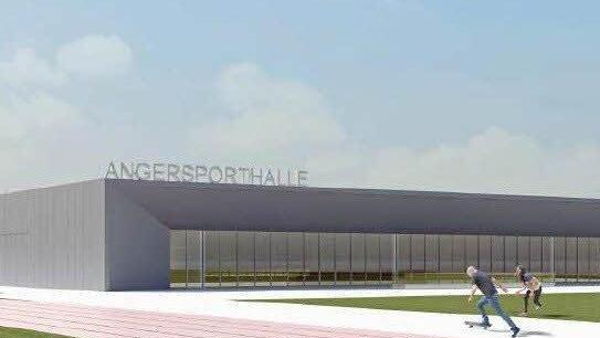 So sieht die neue Halle aus, die hier noch "Angersporthalle" heißt, offiziell aber vorerst "Dreifachsporthalle an der Karchestraße" genannt wird.