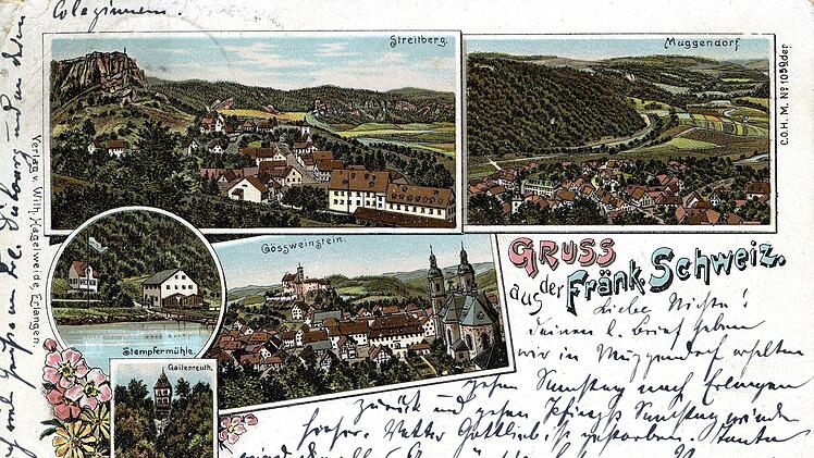 Postkarte der Fränkischen Schweiz von 1897 mit all den Orten drauf, die Ernst Moritz Arndt damals besucht hat. Als Arndt die Gegend durchwanderte,  hieß das Gebiet schlicht "Muggendorfer Gebürg". Repro: Reinhard Löwisch