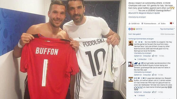 Der Post von Lukas Podolski mit Gianluigi Buffon kam bei der Facebook-Gemeinde gut an. Foto: Screenshot/Facebook