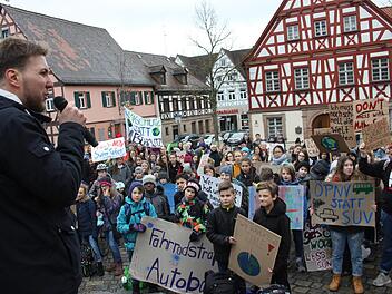 David Komann, einer von vier Organisatoren, spricht zu den Teilnehmern: "Tauscht Euch aus! Nervt Eure Eltern jeden Tag!" Unten: Plakativer Zug der Schüler zum Marktplatz  Fotos: Bernhard Panzer