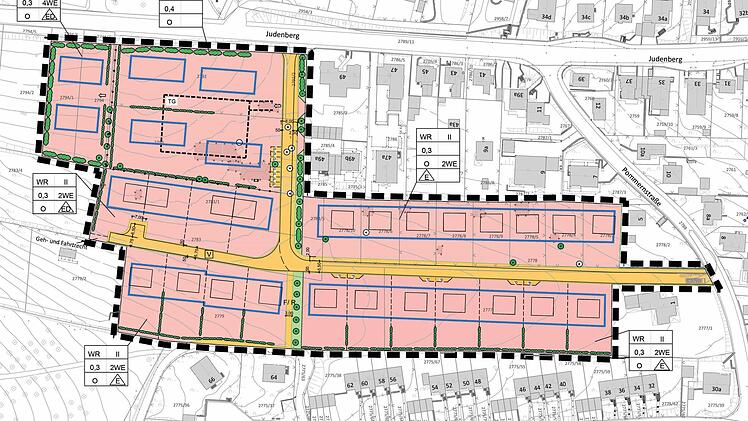 Zwischen den Straßen Judenberg (oben) und Himmelsacker (unterer Bildrand) würde das neue Baugebiet liegen. Die blauen Linien kennzeichnen die Baufenster, in denen Gebäude errichtet werden dürfen. Die übrigen Grundstücksbereiche müssen frei bleiben (außer für Garagen).