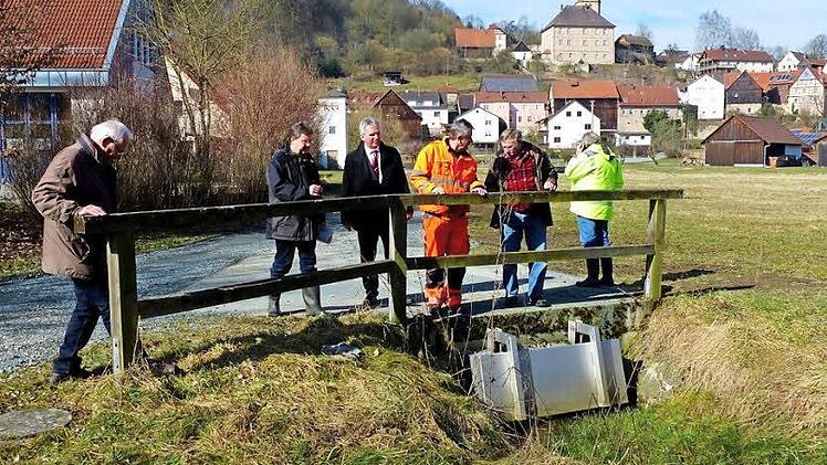 Gemeinderat Helmut Küfner, Hans-Jürgen Pohl (Landratsamt), Bürgermeister Werner Diersch, Gunter Baumüller vom Bauhof, Gemeinderat Manfred Reitmeier und Ingenieur Dieter Wagner überlegen vor Ort, wie man das Oberflächenwasser bei starken Niederschlägen künftig besser ableiten kann. Foto: Dieter Hübner