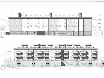 Auf fünf Etagen verteilen sich die Appartments. Das Erdgeschoss soll für Stellplätze genutzt werden. Die bestehende Einfahrt zum Parkhaus an der Sparkasse wird neu überdacht. Foto: Carmen Schmitt, Plan: Wogebau