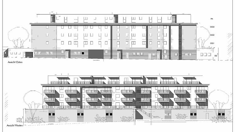 Auf fünf Etagen verteilen sich die Appartments. Das Erdgeschoss soll für Stellplätze genutzt werden. Die bestehende Einfahrt zum Parkhaus an der Sparkasse wird neu überdacht. Foto: Carmen Schmitt, Plan: Wogebau