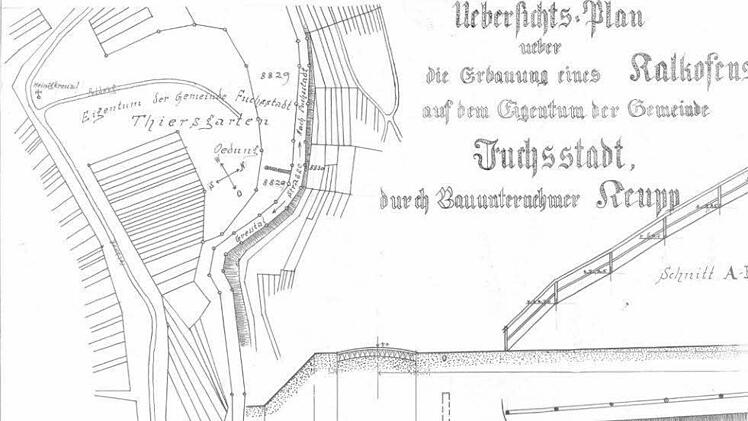 Übersichtsplan über den Bau des Kalkbrennofens. Die schwarze Markierung kennzeichnet den Standort der ehemaligen Kalkbrennerei Keupp. Foto: Repro Deschner
