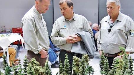 Die Förster Axel Maunz (Bad Kissingen), Joachim Dahmer (Burkardroth) und Ingo Büttner (Ostheim v.d. Rhön) vor einem Waldmodell Foto: Sigismund von Dobschütz