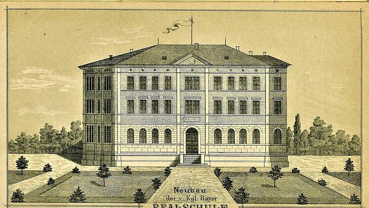 Der Neubau der königlichen Realschule in Kronach im Jahre 1881, gezeichnet von Kunstmaler Lorenz Kaim. Die feierliche Weihe erfolgte am 3. Oktober 1881. Baubeginn war im Oktober 1880, also vor 140 Jahren.  Repro: Gerd Fleischmann