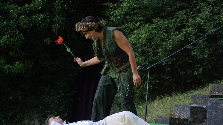 Hofnarr Puck (Elisabeth Lamprecht) - vom Elfenkönig beauftragt - erwischt mit der Liebesblume den Falschen. Foto: Winfried Ehling