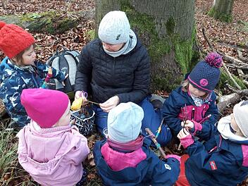 In einem Wald-Kindergarten sind die Mädchen und Jungen jeden Tag an der frischen Luft. Auf diesem Archivbild aus dem Ramsthaler Wald-Kindergarten spielen Kinder am Fuß einer Buche mit Wollfäden und Ästen.