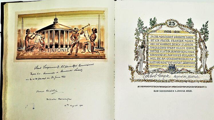 Eine Doppelseite im Goldenen Buch mit den Eintragungen (links) von Karl Siegismund (1861-1932), Verleger und Gründungsvorsitzender des Börsenvereins des Deutschen Buchhandels, an seinem 70. Geburtstag (31. Januar 1931) sowie des britischen Botschafters Sir Horace Rambold am 15. August 1931 und (rechts) des Kunstmalers Karl Gayde jun. (1872-1948) anlässlich seines 25-jährigen Amtsjubiläums als Magistrat und Stadtrat am 1. Januar 1932.Sigismund von Dobschütz