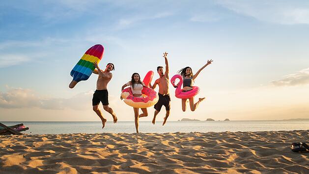 Holiday summer party with friends on the beach .Group of family  Sommerfest mit Freunden am Strand, Familiengruppe