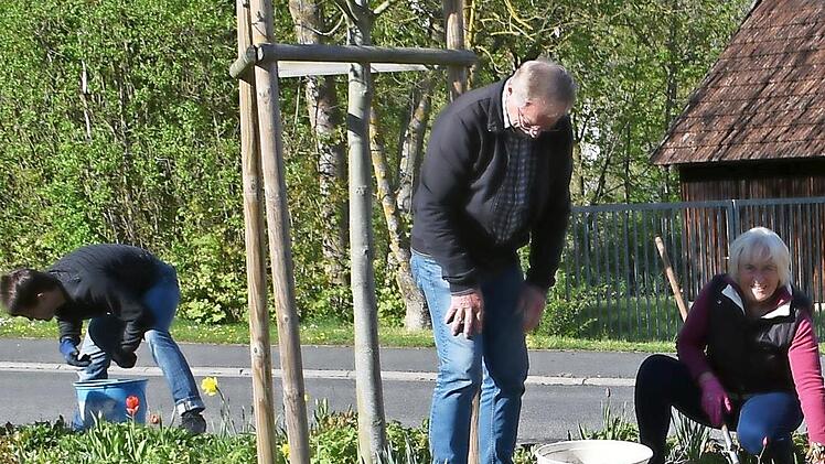 Eine Gruppe der Aktion &bdquo;Wir bringen unser Dorf auf Vordermann&ldquo; bearbeite die Gr&uuml;nfl&auml;che am Verkehrsdreieck.