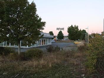 An der Carl-Benz-Straße, zwischen REWE-Markt (hinten) und der B 279, soll auf dem ehemaligen Mercedes-Benz-Gelände (Vordergrund) ein neuer Aldi-Markt mit 1200 Quadratmeter Verkaufsfläche entstehen. Das Gebäude vorne links wird abgerissen.Helmut Will