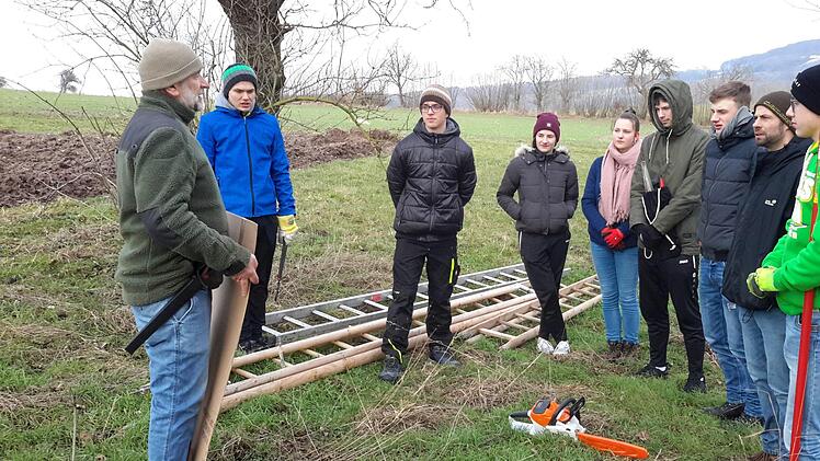 Zum praktischen Teil des Projekt-Seminars trafen sich Schülerinnen und Schüler des Franz-Miltenberger-Gymnasiums zusammen mit ihrem Lehrer Sebastian Knüttel (Zweiter von rechts) auf einer Streuobstwiese bei Breitenbach. Als Experten, der interessante Tipps gab,  hatte die Gruppe Robert Hildmann (ganz links) gewinnen können. Foto: Rolf Pralle