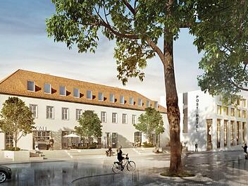 Diese Grafik zeigt, wie das Postquartier den Bahnhofsplatz verändern wird: Das alte Verteilerzentrum der Post (links) soll als "Postpalais" erhalten werden. Daneben ist ein Hotel geplant.  Grafik: Sontowski & Partner
