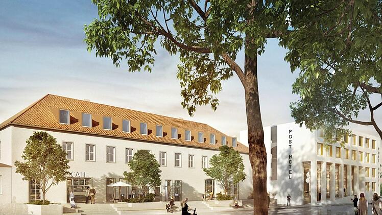 Diese Grafik zeigt, wie das Postquartier den Bahnhofsplatz verändern wird: Das alte Verteilerzentrum der Post (links) soll als "Postpalais" erhalten werden. Daneben ist ein Hotel geplant.  Grafik: Sontowski & Partner