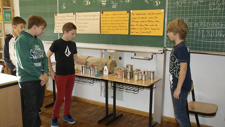 Wildbienen-Hotels baute die 6g mit Lehrer Richard Künzel. Seine Schüler erläuterten den Gästen, wie sie das gemacht haben - und was Wildbienen mit unserer Ernährung zu tun haben.