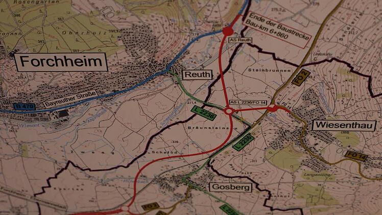 Die geplante Trasse der neuen B 470 mit dem Kreisverkehr bei Wiesenthau Quelle: Straßenbauuamt Bamberg