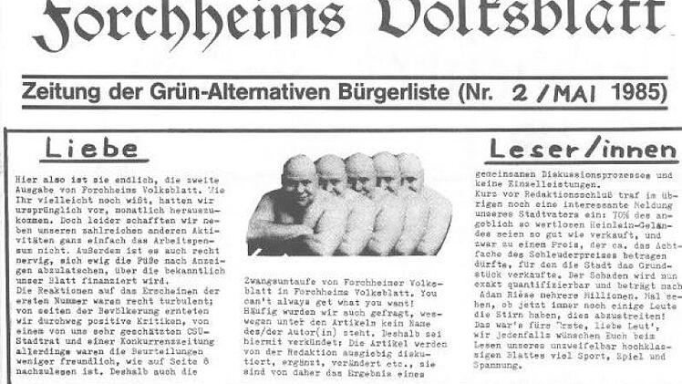 Titelseite der zweiten Ausgabe von "Forchheims Volksblatt" (1985) - die Zeitung der Grün-Alternativen Bürgerliste Repro: Ronald Heck
