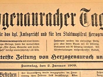 Titelseite des Herzogenauracher Tagblatts vom 2. Januar 1909  Foto: bp
