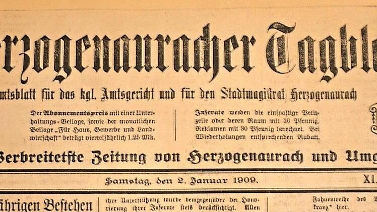 Titelseite des Herzogenauracher Tagblatts vom 2. Januar 1909  Foto: bp