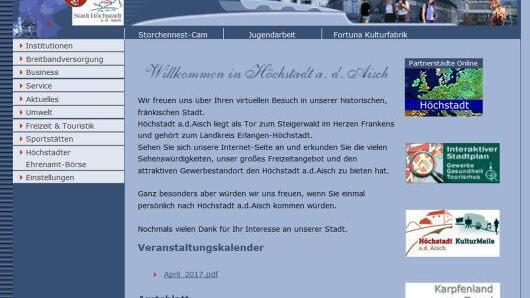 Die Homepage der Stadt Höchstadt ist etwas in die Jahre gekommen, soll aber neu aufgesetzt werden.  Screenshot: Stadt Höchstadt