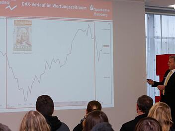 Eine kurze "Schulstunde" gab es mit dem Leiter der Wertpapierabteilung, Michael Spörlein, der auf das letzte Börsenjahr zurückblickte.  Foto: Barbara Herbst