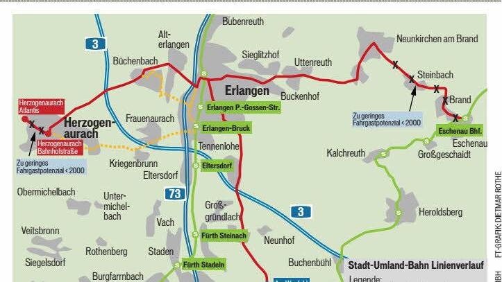 Die aktuellen Pläne sehen für die Stub nur ein "T" vor. Von Nürnberg nach Erlangen und von hier nach Herzogenaurach und Uttenreuth. Grafik: Dietmar Rothe