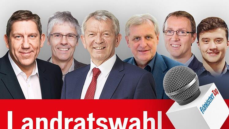 Dieses Sextett möchte Bamberger Landrat werden: (v.l.) Andreas Schwarz (SPD), Bernd Fricke (Grüne), Johann Kalb (CSU), Bruno Kellner (FW), Tobias Sieling (ÖDP) und Marco Strube (FDP). Montage: Micho Haller