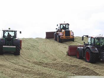 Gleich drei Traktoren sind den ganzen Tag über allein damit beschäftigt, die Massen von gehäckseltem Mais an der Biogasanlage Bad Bocklet zu verdichten.  Fotos: Robert Huger