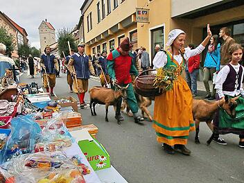 Die Teilnehmer am Heimatspiel zogen, vorbei an Hunderten von winkenden Zuschauern und den Verkaufsständen, vom Oberen Tor bis zu ihrer Spielstätte vor dem Heimatsspielhaus. Mit dabei waren auch Pferde, Ziegen, Hunde und Gänse. Foto: Dieter Britz
