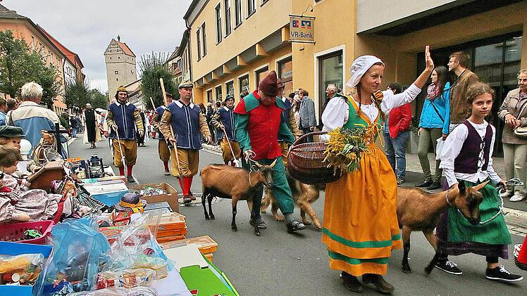 Die Teilnehmer am Heimatspiel zogen, vorbei an Hunderten von winkenden Zuschauern und den Verkaufsständen, vom Oberen Tor bis zu ihrer Spielstätte vor dem Heimatsspielhaus. Mit dabei waren auch Pferde, Ziegen, Hunde und Gänse. Foto: Dieter Britz