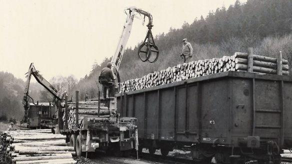 Holzverladung in Erlabrück (Wallenfels) im Jahre 1985 auf der Schiene. Foto und Repro: Gerd Fleischmann