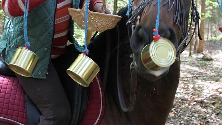 Inamorata, die Stute von Teilnehmerin Tanja Streller aus Veitlahm, sah sich ganz genau an, was die Reiterin beim Dosenpflücken absammelte.