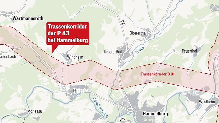 Die Grafik zeigt, wie nah der Trassenkorridor B 31 an Orte wie Waizenbach, Diebach oder Westheim heranreicht.