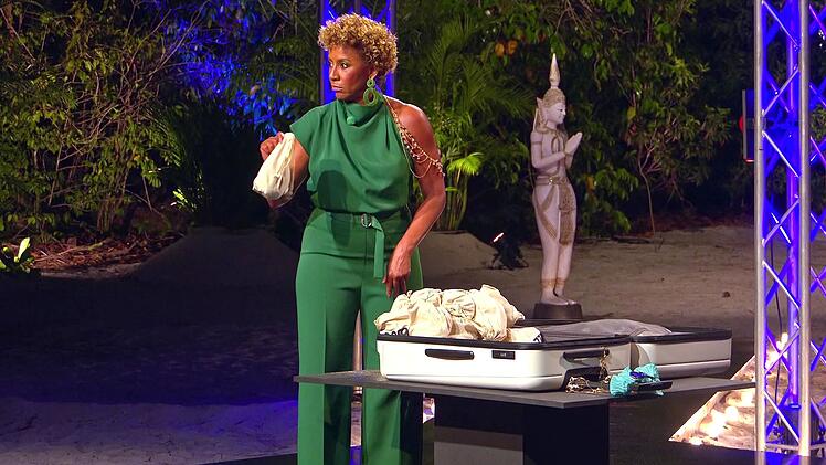 Arabella Kiesbauer z&auml;hlt das "Geld" im Koffer der Zwillinge.