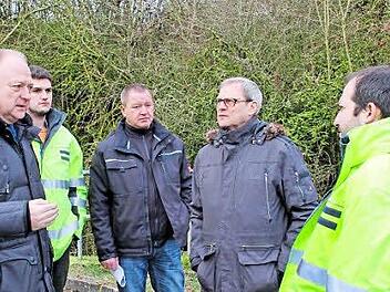 Beim Ortstermin auf dem Weg zwischen dem Bahnhof und dem Johann-Philipp-von Schönborn-Gymnasium: Bürgermeister Helmut Blank, Christoph Weber (Bayernwerk), Reiner Straub (Bauamt), Oberstudiendirektor Joachim Schwigon und Andreas Patzelt (Bayernwerk).  Foto: Dieter Britz