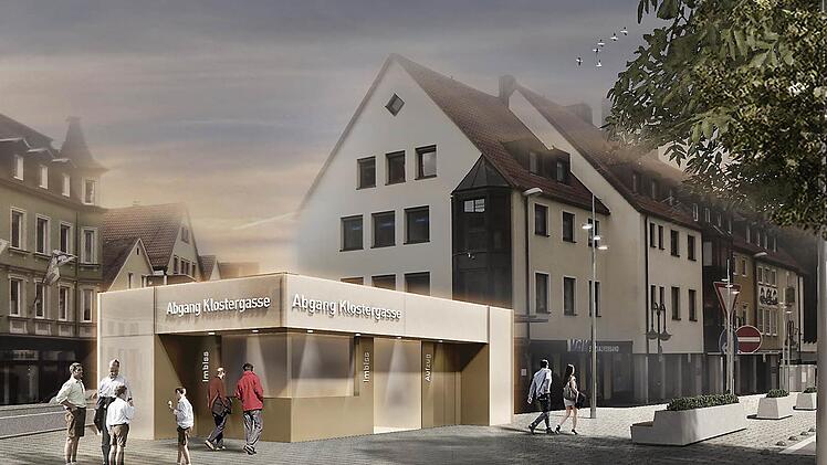 So könnte das neue Zugangsgebäude an der Ecke Klostergasse/Grabenstraße mit Aufzug und Bratwurststand aussehen. Grafik: Architekturbüro H2M