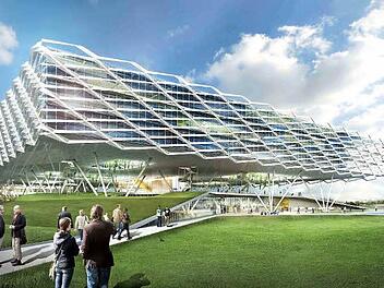 So soll das Bürogebäude im Südosten des Geländes nach dem Entwurf des Architekten Behnisch von außen aussehen.  Grafik: Behnisch