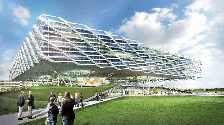 So soll das Bürogebäude im Südosten des Geländes nach dem Entwurf des Architekten Behnisch von außen aussehen.  Grafik: Behnisch