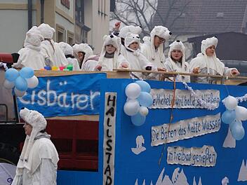 Als Eisbären präsentierten sich die Narren der Concordia, die nach dem Aus des Michelin-Werks um die Beheizung des Hallstadter Schwimmbads fürchten.Johannes Michel