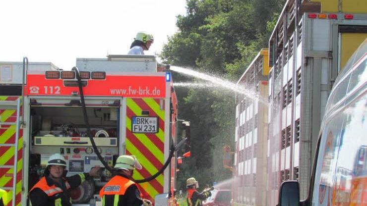 Nicht zum Löschen eines Brandes oder zur Bergung von Unfallopfer, sondern zum Tränken und Kühlen von 110 Schlachtschweinen und 350 Ferkeln ist die Bad Brückenauer Feuerwehr am Freitag auf die Autobahn gefahren. Foto: Polizei