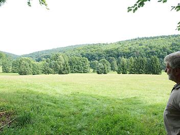 Gerhard Karg zeigt die Stelle, an der eine Plattform vom Waldrand aus den Blick ins Tal freigeben soll. Foto: Arkadius Guzy