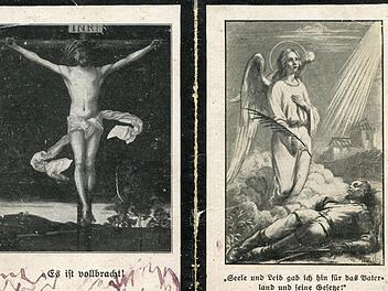 Dieses Stück Papier hat fast 100 Jahre überdauert: Trauerkarte für den 1916 gefallenen Franz Wiesner aus Werberg, gedruckt in der Buchdruckerei Karl Nikolaus in Brückenau. Fotos: Ulrike Müller