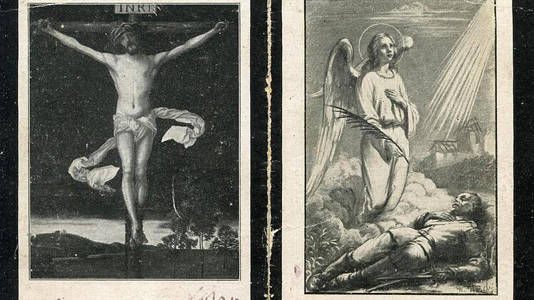 Dieses Stück Papier hat fast 100 Jahre überdauert: Trauerkarte für den 1916 gefallenen Franz Wiesner aus Werberg, gedruckt in der Buchdruckerei Karl Nikolaus in Brückenau. Fotos: Ulrike Müller