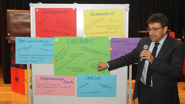 Bürgermeister Rolf Rosenbauer stellte die Antworten der Kinder in Bezug auf das Ehrenamt und die Bedeutung der Vereine für die Gemeinde Untersiemau vor. Foto: Michael Stelzner