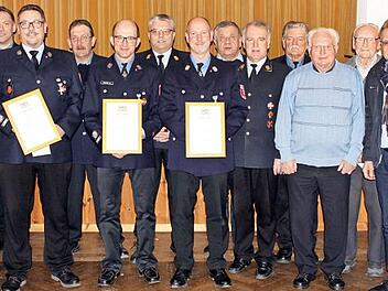 Bei der Feuerwehr Gehülz standen neben den staatlichen Ehrungen (mit Urkunden) auch zahlreiche Vereinsehrungen an. Mit im Bild Kreisbrandrat Joachim Ranzenberger (7. v.r.), Bürgermeister Wolfgang Beiergrößlein (3. v. r.) und Stadtrat Hans Simon (2. v. r.).  Foto: Michael Wunder