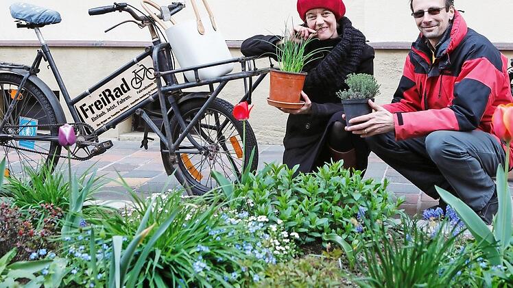 Cornelia Morgenroth und Denis Hebert knien für den Fototermin mit Kräuterstöckchen an einem Beet in der Herzog-Max-Straße, das Anwohner mit Blumen verschönert haben. Foto: Matthias Hoch