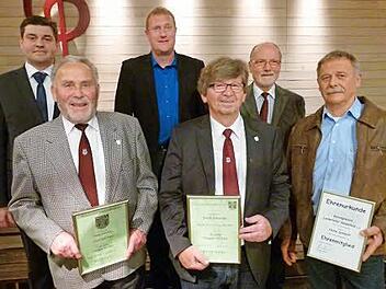 Der Liederabend war Anlass, Ehrungen auszusprechen (von links): Vorsitzender der Fränkischen Krone, Jens-Uwe Peter, Rudi Amend, Bürgermeister Michael Keilich, Erster Vorsitzender Horst-Dieter Büchner, Ehrenchorleiter Jürgen Leifer, Heinz Schmidt  Foto: privat