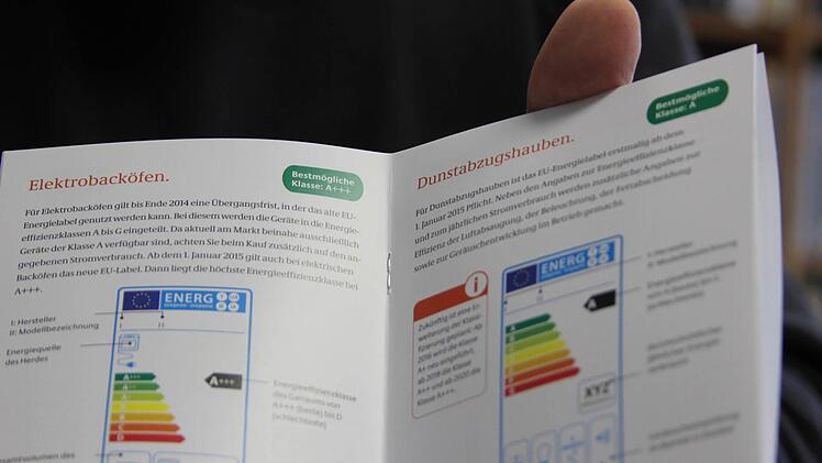 Energieberater Günther Liebert zeigt ein Heftchen der Deutschen Energie-Agentur, das dem Kunden die Energieeffizienz-Skala näher erläutern soll. Die Sache ist komplizierter als gedacht. Foto: Andreas Lösch
